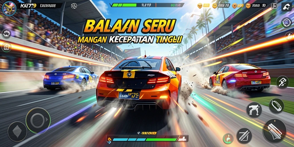 Tampilan gameplay KPK79 saat balapan di lintasan yang menegangkan.