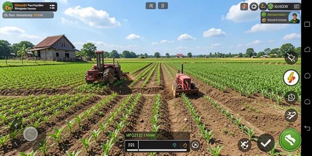 Screenshot MPO2121 menunjukkan momen seru bertani dan memanen hasil tanaman.