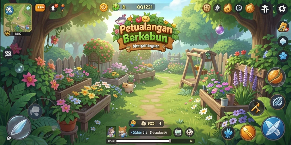 Screenshot QQ1221 menampilkan ladang yang indah dengan berbagai tanaman.