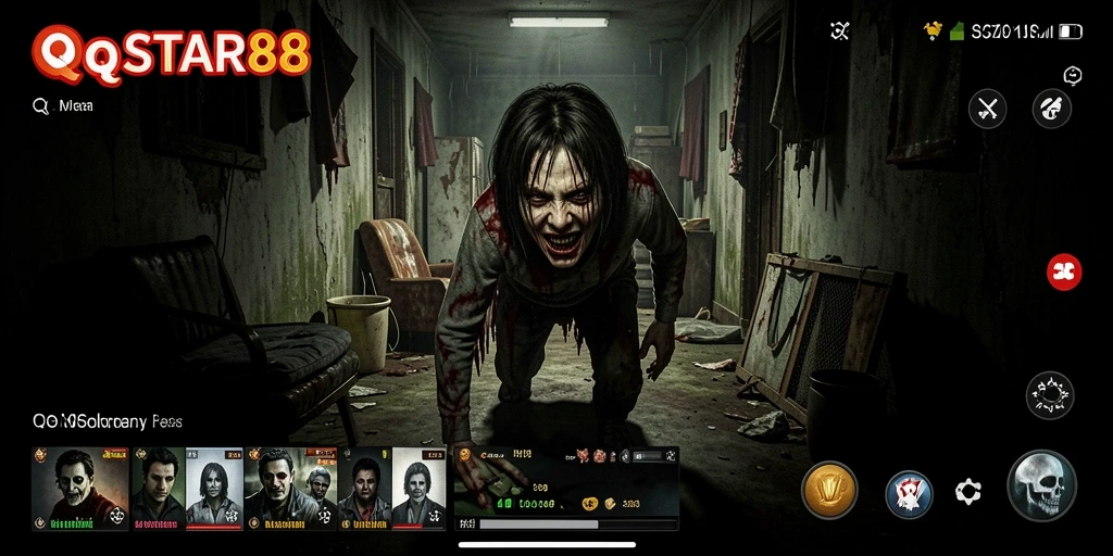Tampilan gameplay menegangkan di QQSTAR88 dengan suasana horor yang kental.