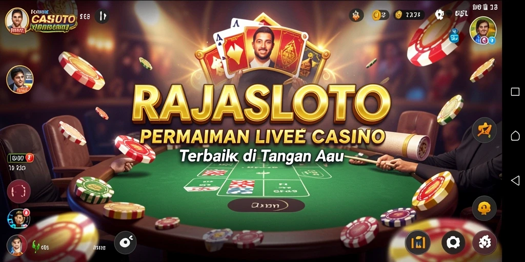 Screenshot gameplay RAJASLOTO menampilkan dealer dan pemain dalam suasana kasino langsung.
