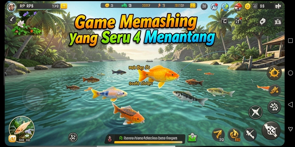 Screenshot gameplay RP8 menampilkan momen menangkap ikan dengan grafis memukau.