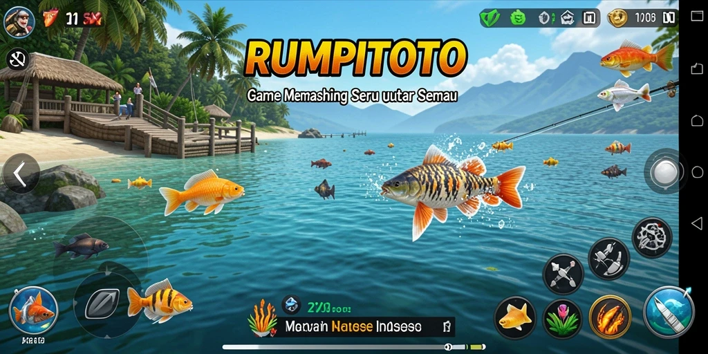 Screenshot gameplay RUMPITOTO menampilkan momen menangkap ikan yang menegangkan.